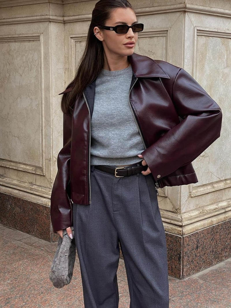 Warszawska™ | Elegancka bordowa skórzana kurtka